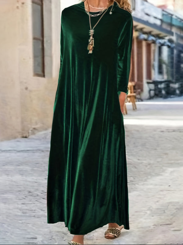 Plus Size Velvet Maxi Dress – Long Sleeve Crew Neck Elegant Tunic for Women